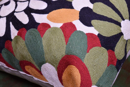 Black Daisy Floral Pillow Cover Flower Pillowcase Outdoor Suzani Accent Cushion Traditional Chair Cushions Hand Embroidered Wool Size - 18x18