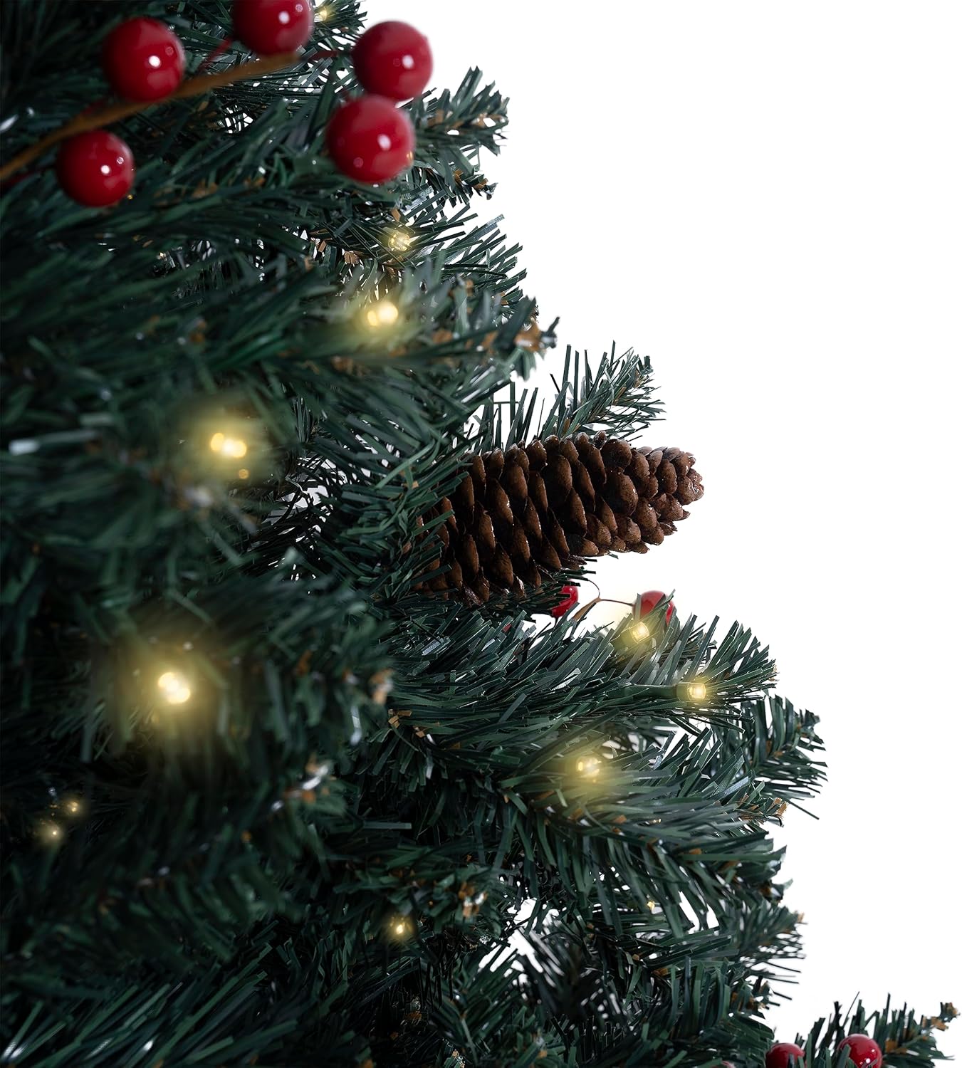 Naomi Home Belen 7.5ft Pencil Christmas Tree Prelit pre-Decorated with Pine Cones, Red Berries, 1099 Branch Tips, 350 Warm Lights and Metal Stand, 34" Wide Skinny Christmas Tree with Lights