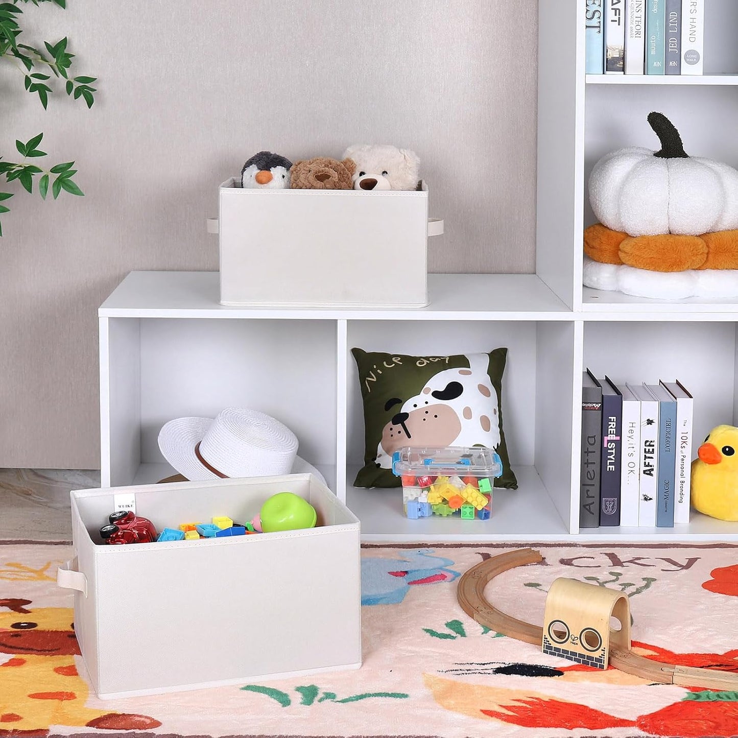 WUIKE Storage Baskets for Shelves, Fabric Storage Bins with Handles, Foldable Shelf Basket for Closet Organizers and Storage, Closet Storage Bins for Organizing, Beige, Large, 3-Pack