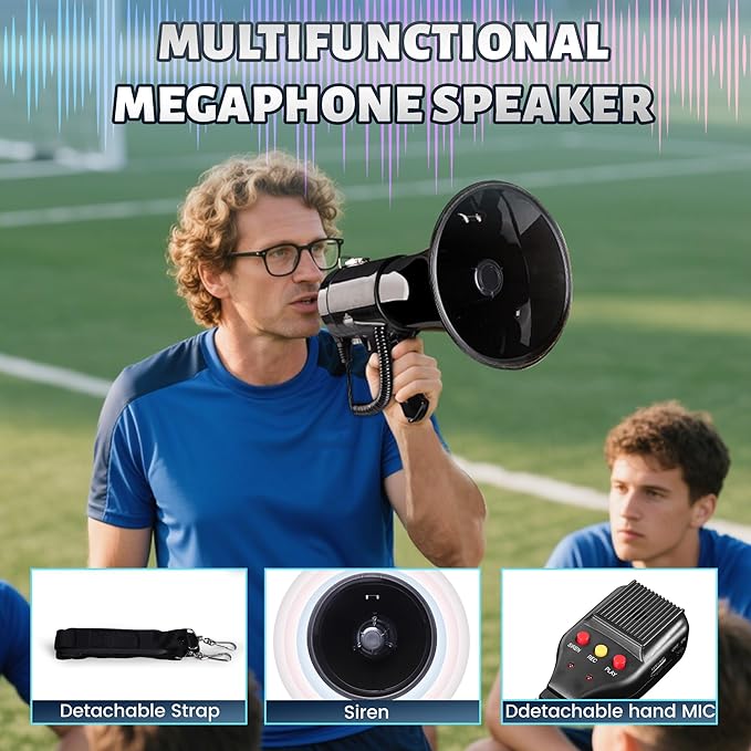 50 Watt Megaphone Bullhorn with Detachable Microphone, 240s Recording and Siren - Perfect for Indoor/Outdoor Sporting Events and Crowd Control