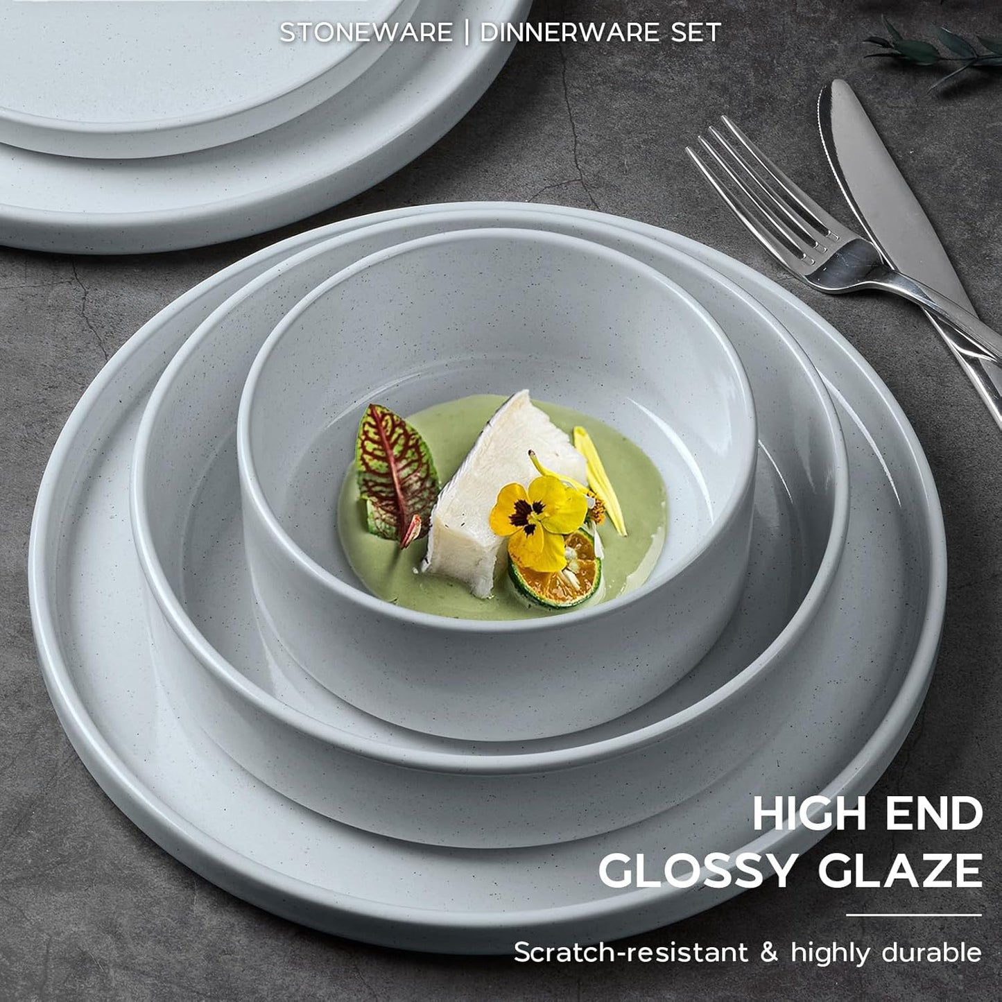 Onader Dinnerware sets, 24 Piece Plates and Bowls, Stoneware Kitchen Dinner Dish Set for 6, Ceramic Speckled Dinnerware with Pasta Bowl - Slate Gray