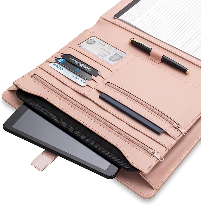 FOREVERMORE PORTFOLIOS Padfolio Binder Organizer for Women | Faux Leather Portfolio Folder for Resume, Documents, Notebook, Tablet and Business Cards | Notepad Included - Pink with Gold Edge