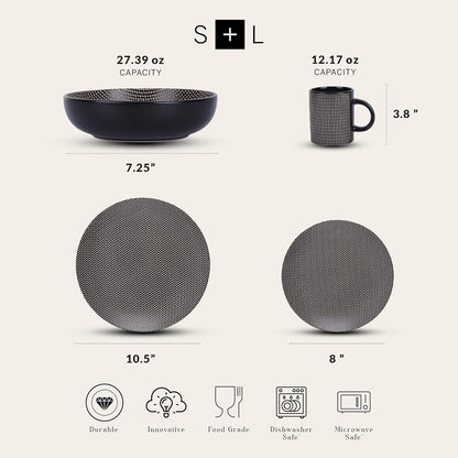 Stone Lain Daisy Stoneware 32-piece Round Dinnerware Set, Brown and Black