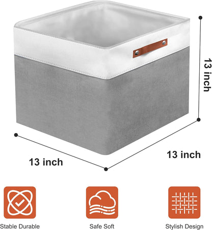 13in Open Fabric Storage Basket with Leather Handles for Organizing, Collapsible Linen Closet Bins for Shelves, Closets, Laundry, Decorative Basket for Gifts. (White＆Gray, 3PCS/13x13in)