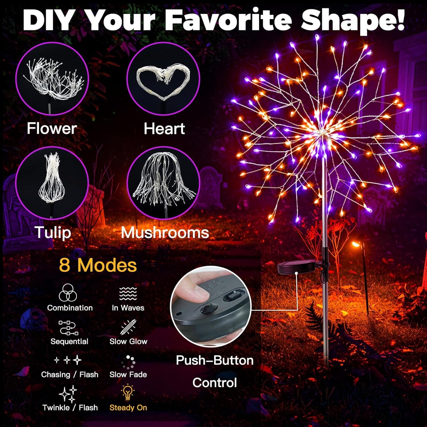 suddus Solar Halloween Lights Outdoor Solar Powered, Upgrade 2-Pack Orange & Purple Solar Firework Lights, Waterproof Garden Light for Yard Pathway Patio Flowerbed Halloween Decorations