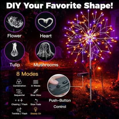 suddus Solar Halloween Lights Outdoor Solar Powered, Upgrade 2-Pack Orange & Purple Solar Firework Lights, Waterproof Garden Light for Yard Pathway Patio Flowerbed Halloween Decorations