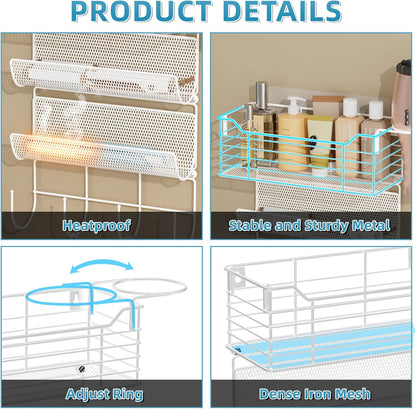 VITVITI Metal Hair Tool Organizer Wall Mount, Hair Dryer Holder with 3 Tier Shelf Basket Hooks, Bathroom Hair Styling Tool Organizer for Curling Iron/Blow Dryer/Straightener, White