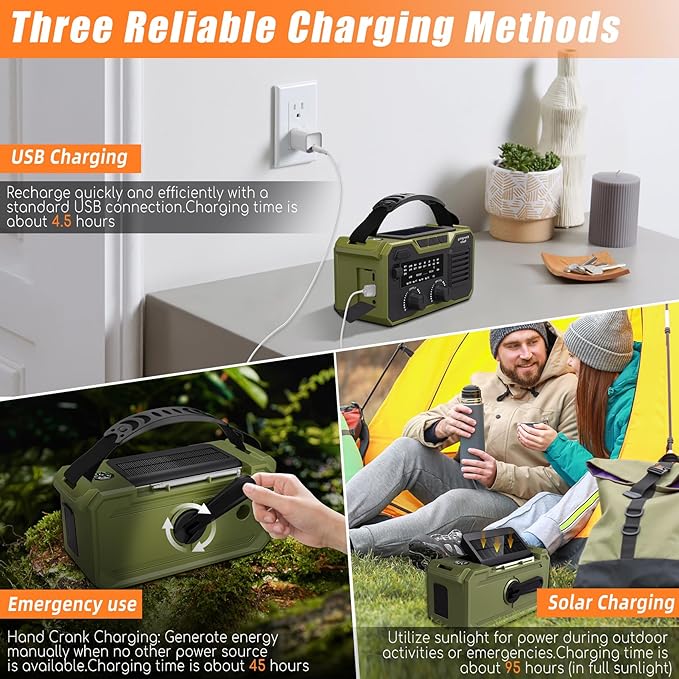 30000mAh Emergency Weather Radio, AM/FM/NOAA Weather Alert Radio Hand Crank/Solar/Type-C Fast Rechargeable Outdoor Radio with Reading Lamp/SOS Alarm/3 Mode Flashlight/Power Bank (Grassy Green)