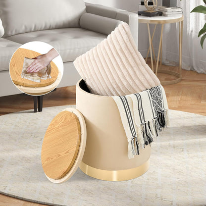 Round Ottoman with Storage Set of 2, Upholstered Velvet Storage Ottomans, Vanity Stool, Multifunctional Ottomans, Coffee Table Foot Rest Ottoman for Living Room Bedroom, Khaki