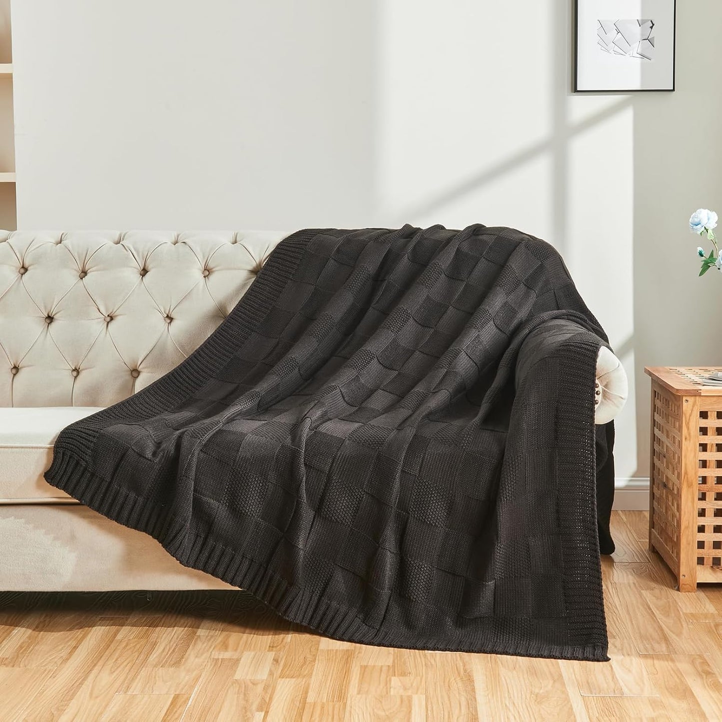 CozeCube Check Knit Throw Blanket, Jet Black Checkered Throw for Couch, Decorative Christmas Soft Cozy Warm Knitted Blanket for Bed Sofa Living Room, 60"X80"