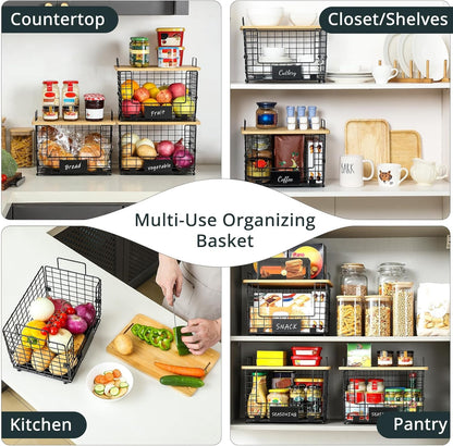 Upgrade Larger, Fit 13/30/33+ Gallon Trashbag Perfectly - 1 SET Stackable Trash Bag Holder with Tags & Bamboo Top, Garbage Bag Dispenser Stand, Kitchen Pantry Under Sink Laundry Room Organizer Basket