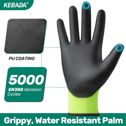 Kebada W1 Work Gloves for Men and Women, PU Coated Safety Gloves with Grip, Touchscreen, Ideal for Warehouse Package Handling, Construction, Gardening, Green Large
