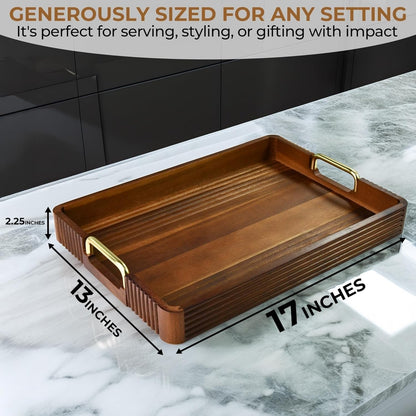 Acacia Wood Serving Tray with Metal Handles – 17x12in Rustic Decorative Ottoman & Coffee Table Tray for Breakfast in Bed, Dinner, Bar, Kitchen, Home Décor & Entertaining