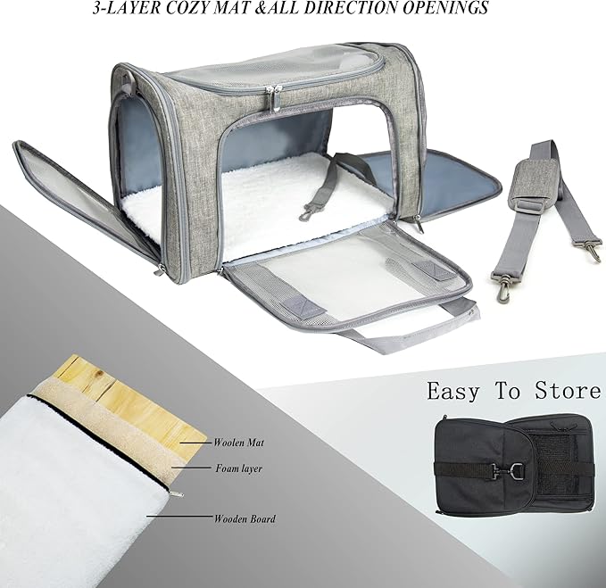 Soft Sided Carrier for Small Medium Cats Dogs,Removable Pad Collapsible Travel Pet Carrier Large Grey