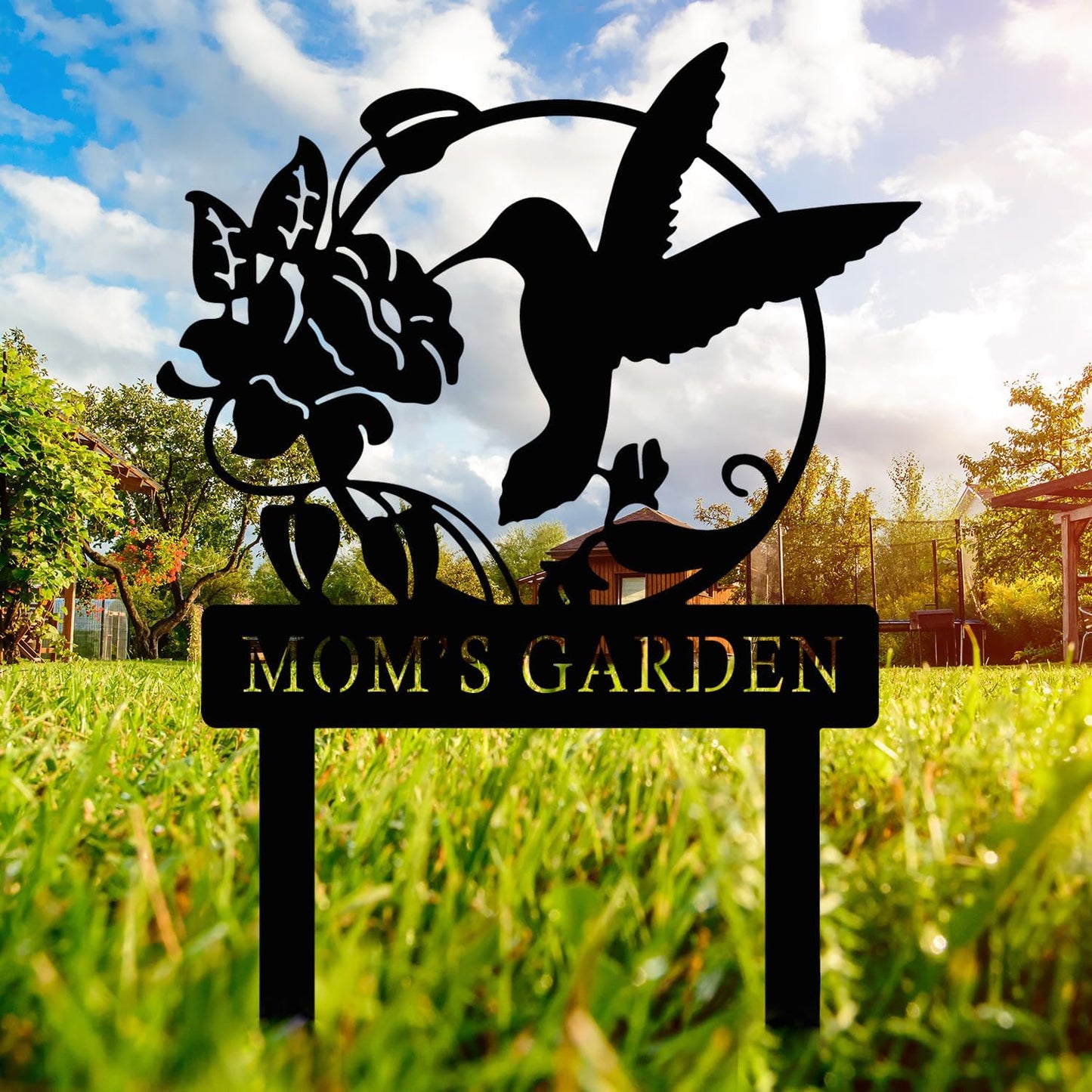 Personalized Metal Sign with Stake, Custom Hummingbird Garden Sign for Outdoor, Patio, Farmhouse Decoration, Lawn Yard Art, Bird Flower Garden Decor