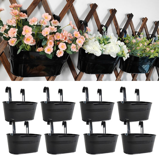 8 Pack Metal Hanging Planter for Outdoor Plants, 10 Inch Black Fence Planters Railing Pots for Garden Patio Balcony Decor, Flower Bucket with Detachable Hooks (Black, 8Pcs)
