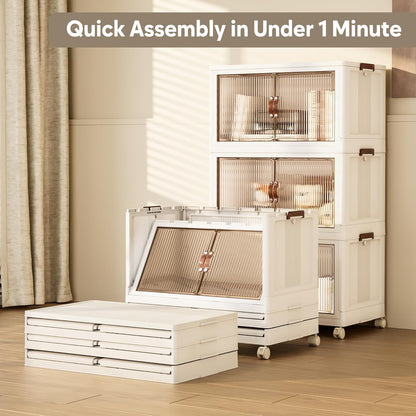 Jalove 88QT Plastic Storage Bins with lids, Stackable Collapsible Storage Containers with Wheels, Closet Organizer and Storage Drawers, Clothes Storage Cabinet for Home Office Garage, 3 Pack White