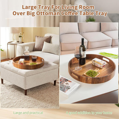 Large Ottoman Tray, 22" Big Ottoman Tray for Living Room, Large Serving Tray with Handles for Coffee Table Kitchen Counter,Great Round Wooden Trays with 4 Round Coasters for Appetizers, Dinner