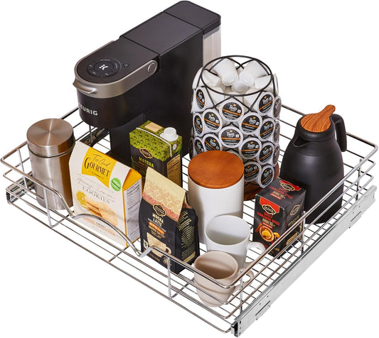 HOLDN’ STORAGE Heavy-Duty Premium Collection Pull Out Cabinet Organizer, Cabinet Drawer Slide Outs, Lifetime Limited Warranty - Basket Size 24" W x 21" D x 5" H, Anti-Rust Chrome Finish
