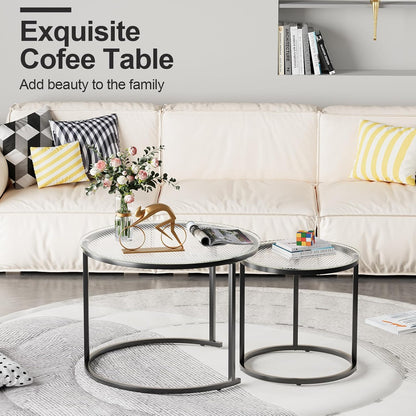 aboxoo Gold Nesting Coffee Table Set of 2, Small Glass Round Nesting Tables for Living Room Bedroom, Accent Tea Table with Black Metal Frame Modern Industrial Simple