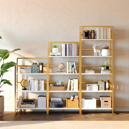 4NM No Assembly Foldable Bookshelf, 4-Shelf Collapsible Bookcase Storage for Small Spaces, 54" H, White and Golden