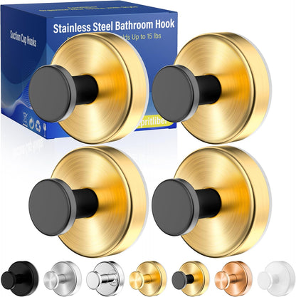 Suction Cup Hooks for Shower,Wreath Hanger for Front Door,Removable No Drill Towel Loofah Hooks,Upgraded 15 lbs Strong Suction for Bathroom,Wall,Glass,Stainless Waterproof-Black Gold 4 Pcs