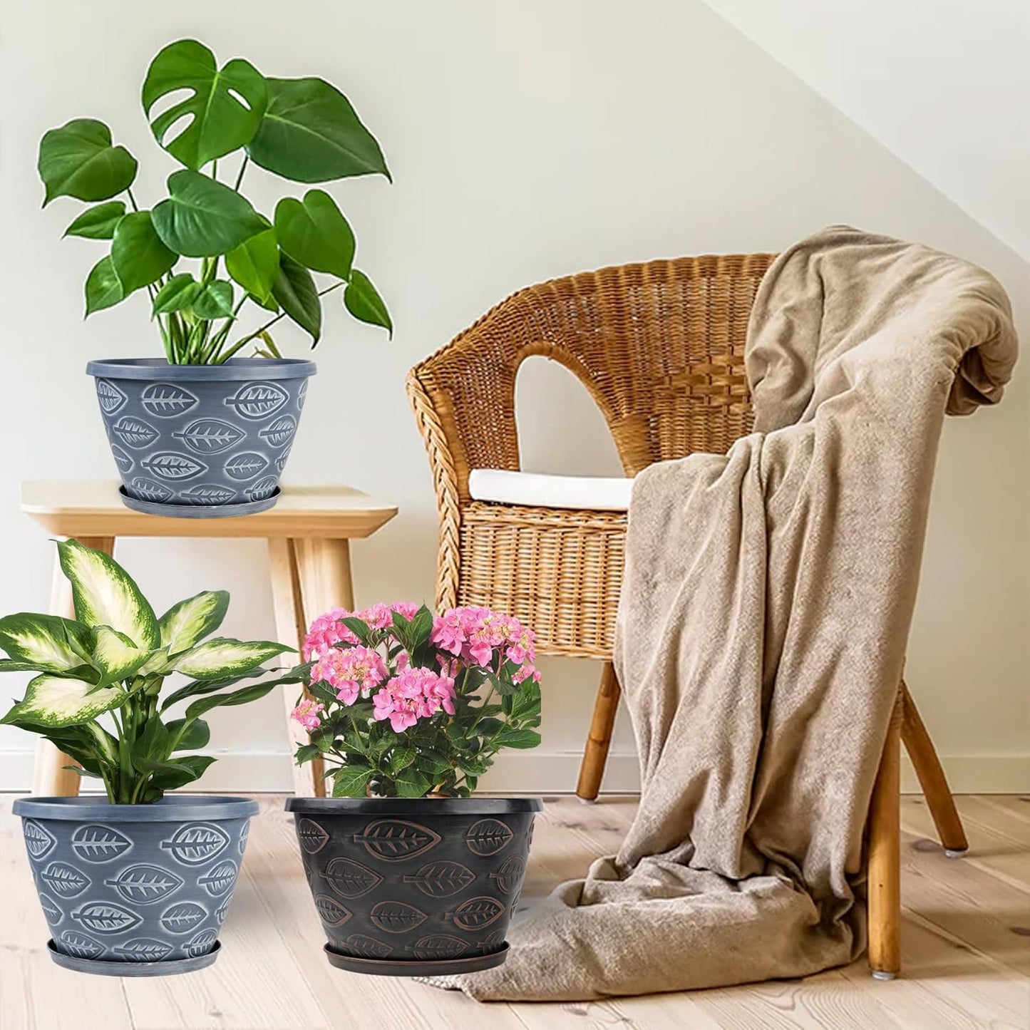 Outdoor Flower Pots for Plants Set of 3 Pack 11 Inch Planter Pot, Large Plastic Plant Pots Indoor Plants with Drainage Holes & Trays, Modern Decorative Garden Containers Sets for House(Blue)