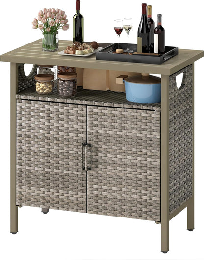 DWVO Patio Storage Cabinet, Outdoor Buffet Cabinet with Two Doors and Shelves, Outdoor Storage Table with PE Rattan for Patio, Backyard, Garden - Light Brown