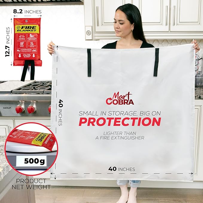 Mart Cobra Emergency Fire Blanket for Home and Kitchen - 1 Pack - Fire Blankets Emergency for Home Safety 40” x 40” - Suppression Shield Retardant Extinguisher Fiberglass Welding Fireproof Cloth Towel
