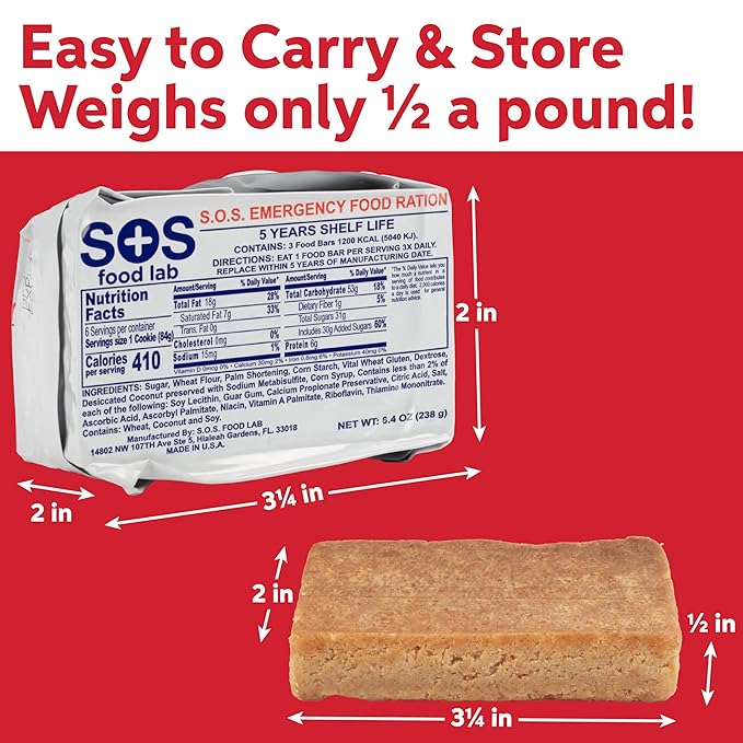 SOS Food Lab Emergency Food Bar - 1200 Calorie Ration (20 Pk Shortbread Cookie) - 1 Day/24 Hour Ready to Eat Supply for Camping, Hiking, Disaster Preparedness - 5 Year Shelf Life Energy Survival Food