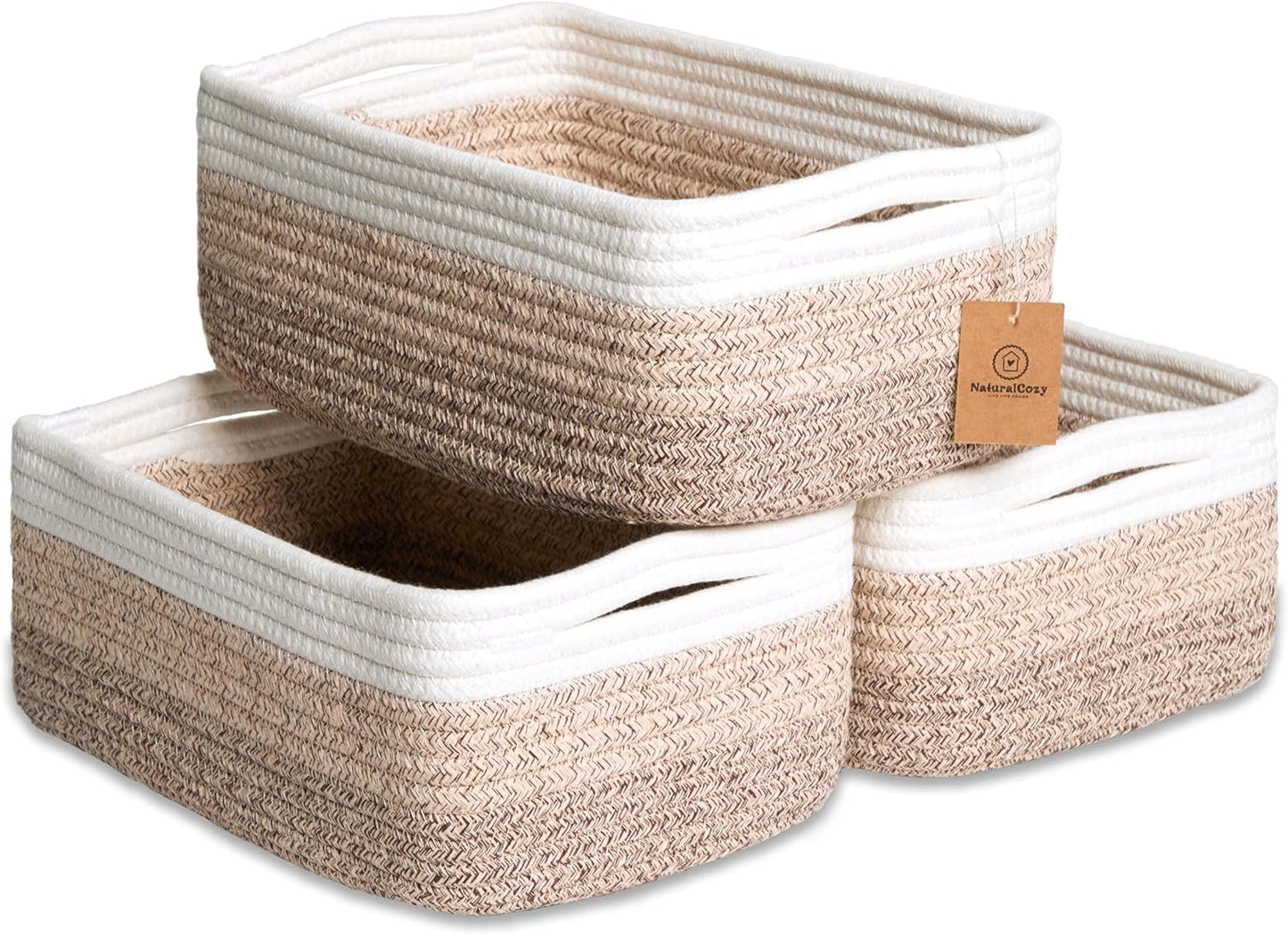 NaturalCozy 11.8"x8"x4.5” Storage Baskets for Shelves 3 Pack | Cotton Rope Woven Small Baskets for Organizing | Small Storage Bins for Nursery, Bathroom, Closet, Cube Shelf, Decorative, Gift Basket