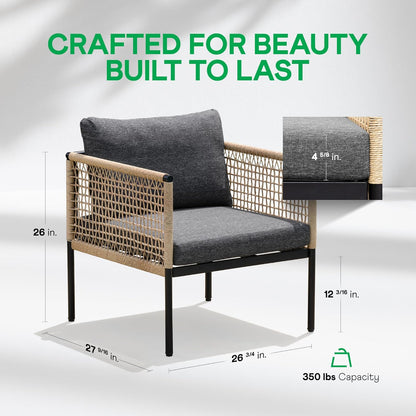 Idzo Oscar Wicker Outdoor Lounge Chair Set of 2, Sturdy Metal Frame, Weather-Resistant Rope Weave, Plush Olefin Cushions, Modern Patio Chairs for Backyard, Balcony, or Poolside