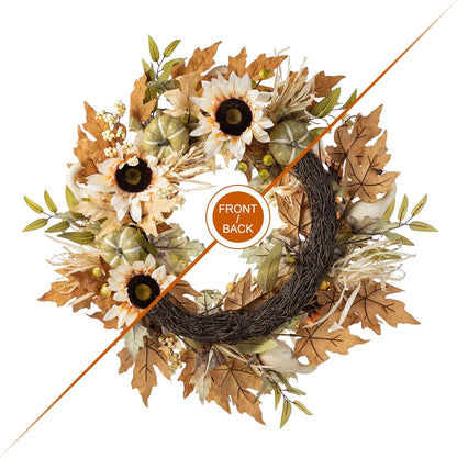 Glitzhome 24''D Artificial Fall Wreath for Front Door, Autumn Wreath with Sunflower, Pumpkin and Leaf, Metal Hanger for Farmhouse Indoor Outdoor Window Wall Door Decor