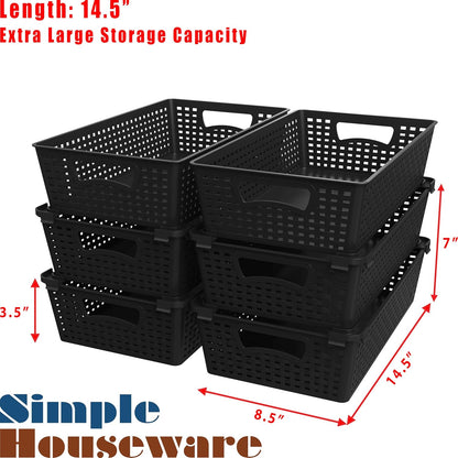 Simple Houseware Stackable Plastic Woven Basket Organizer, 6 Pack, 14.5" x 8.5" x 3.5", Black