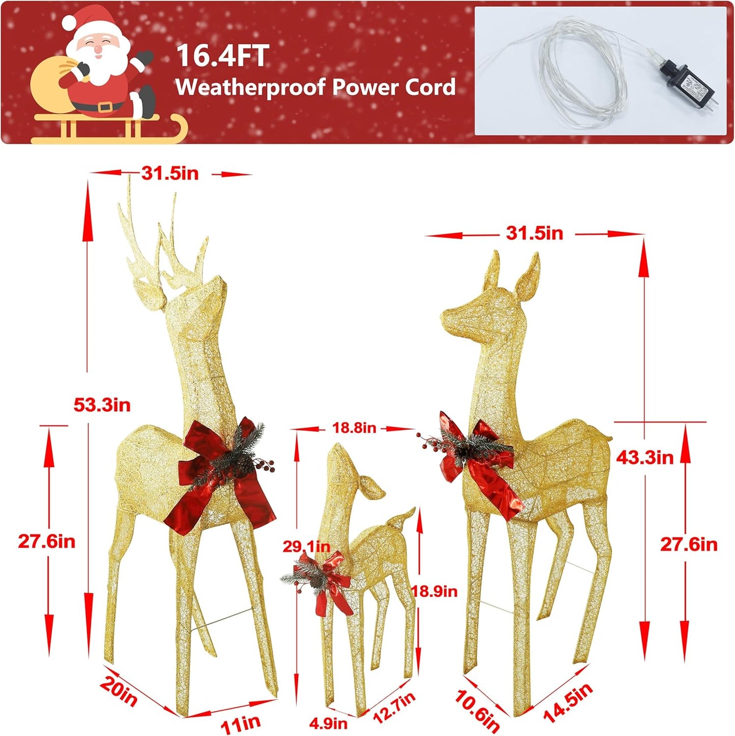 4.5FT Lighted Reindeer Family Set for Christmas Decoration, 3 Pieces Pre-Lit Iridescent Deer with 200 LED Lights, 3D Glittered Standing Holiday Display for Outdoor, Indoor, Golden
