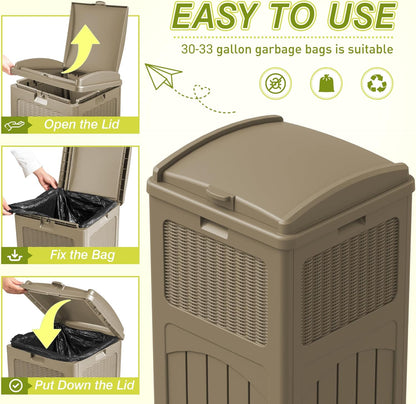 Greesum 33 Gallon Resin Outdoor Trash Can with Lid, Waterproof Resin Garbage Bin for Hideaway, Patio, Deck, 4 Pack, Light Brown