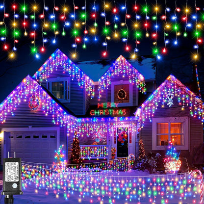 Icicle Christmas Lights, 98FT 1216 LED Icicle Lights for Outside with 228 Drops, 8 Modes Waterproof Twinkle String Lights for House Bedroom Wedding Holiday Decorations, Multicolor