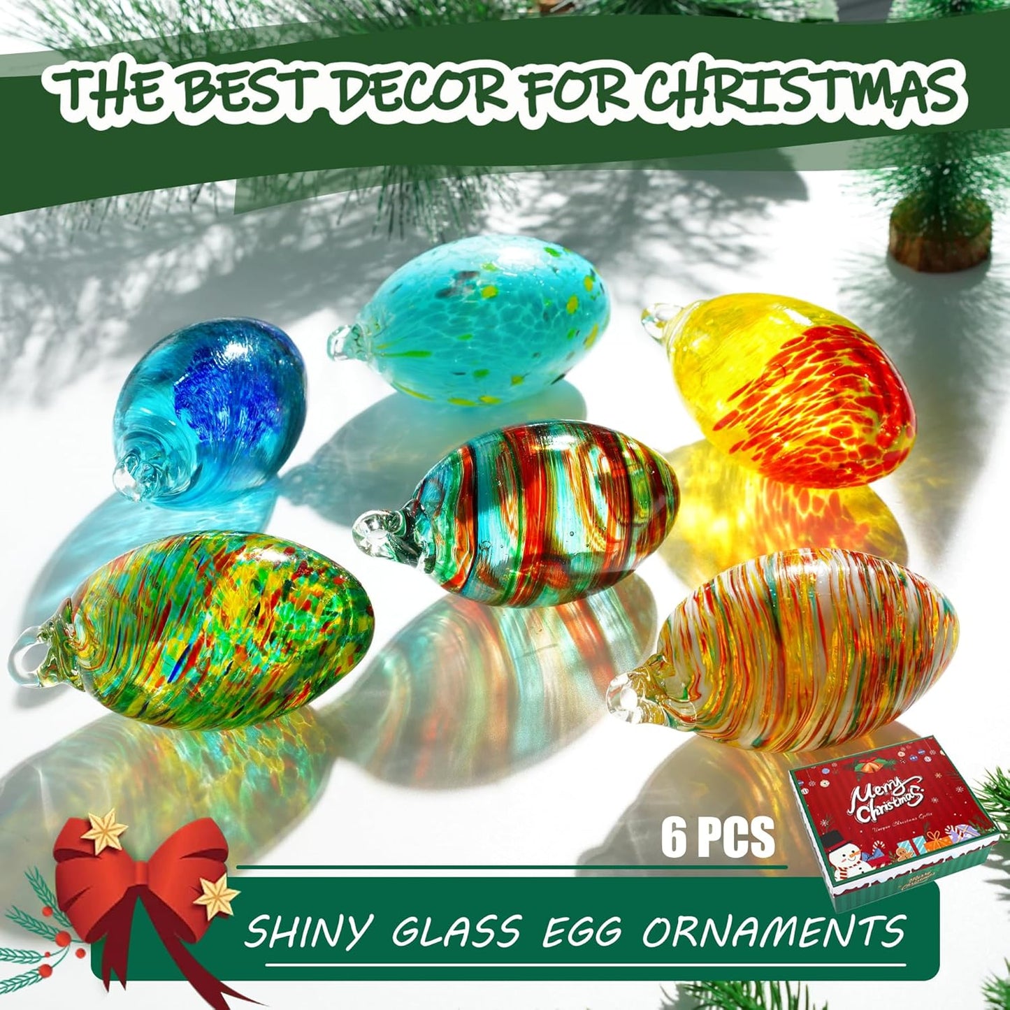 Set of 6 Hand Blown Glass Egg Ornaments Hanging Gazing Ball Witches Ball Friendship Decor for Home Outdoor Wedding Party