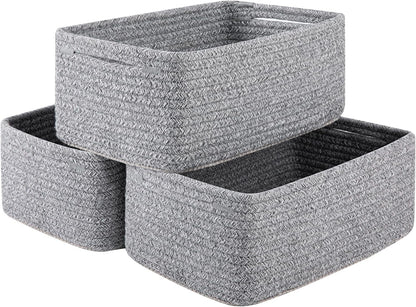 3 Pack Small Storage Baskets for Organizing, Cute Woven Decorative Gift Baskets for Shelves, Mini Closet Organizer Bins with Handles, 11.81''Lx7.87''Wx4.72''H-Grey