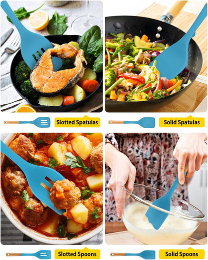 Pack of 4 Silicone Kitchen Utensils Set, Non Stick Solid Spatulas and Heat Resistant Slotted Spoons with Wooden Handle, Ideal BPA Free Cooking Utensils for Mixing,Serving,Turning,Stirring(BLUE)