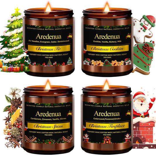 Christmas Candles Set | 4 Pack Winter Holiday Scented Candles, Soy Candles for Home Scented - Xmas Candle Gifts for Women and Men - Scents of Christmas Fir/Spices/Cookies/Fireplace