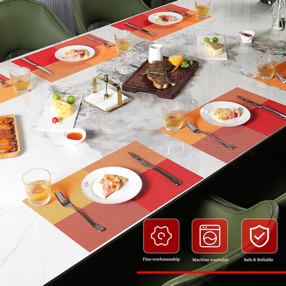Vinyl Plastic Placemats Set of 6 Washable Heat Resistant Non-Slip Elegant Indoor Outdoor Kitchen Dining PVC Woven Table Place Mats (Orange Red Lattice Block)