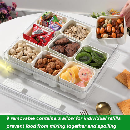 Taiuloo Divided Serving Tray with Lid & Handle, Airtight 9 Compartment Snackle Box Charcuterie Container, Fridge Organizer Bins, Food Storage Container Veggie Tray for Snack, Fruit, Candy, Nuts
