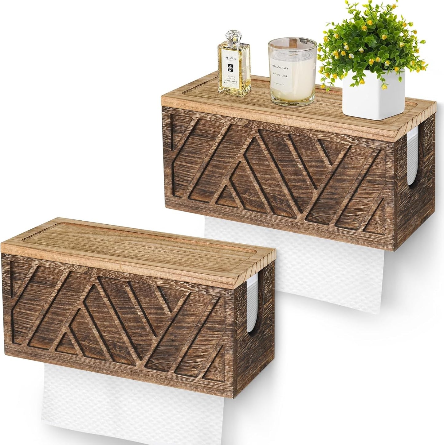 Set of 2 Paper Towel Dispenser Wall Mount, Paper Towel Holder Wall Mounted with Lid, Solid Wood Commercial C-Fold, Z-Fold, Trifold Hand Paper Towel Holder Hand Towel Holder for Bathroom Kitchen Decor