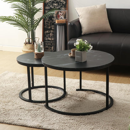 Round Modern Nesting Coffee Table Set of 2,Waterproof Faux Marble Wood Top & Metal Frame and Easy Assembly for Living Room,Office,Balcony (Black+Black