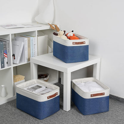 DULLEMELO Fabric Storage Basket for Closets,15x11x9.5 inch Foldable Storage Basket Bin with Handles for Office, Closet,Bedroom (White&Blue,1 Pack)