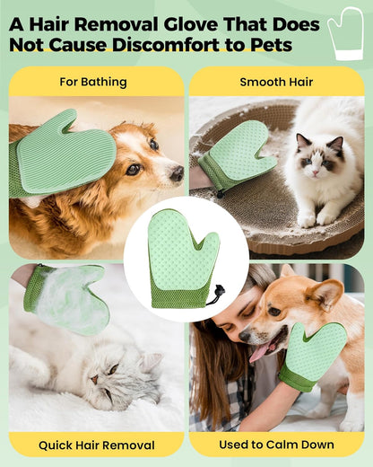 Carpet Rake for Pet Hair Removal Tool - 4 in 1 Pet Hair Remover Kit for Dog Cat Fur Remover, Contain 60" Adjustable Rubber Broom, Glove, Magic Brush and Scraper for Home Furniture, Rugs, Mats