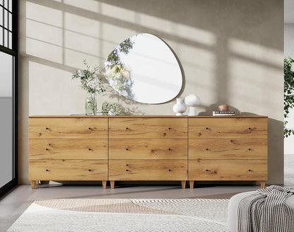 WAMPAT Dresser with 9 Drawers, Bedroom 3-in-1 Wide Wooden Chest of Drawers, Modern Long Dressers Closet Storage Organizer w/Solid Wood Legs for Living Room, Kids Room, Oak Brown,106 Inches