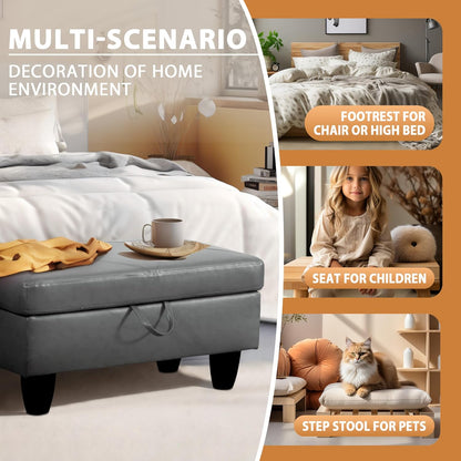 Ottoman Rectangular Storage Ottoman Bench, Faux Leather Footrest, Coffee Table, Stool Footstool with Hinged Lid for Living Room, Bedroom, Entryway, Gray, 28.5"x19"x17.5"
