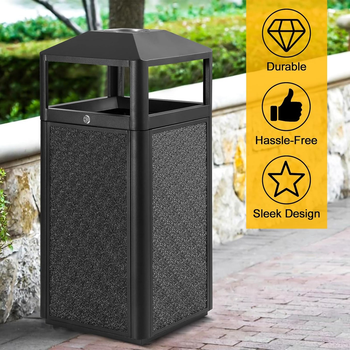 Square Waste Container with Dome Lid | Commercial Outdoor Garbage and Trash Container, Black, 15 Gallon